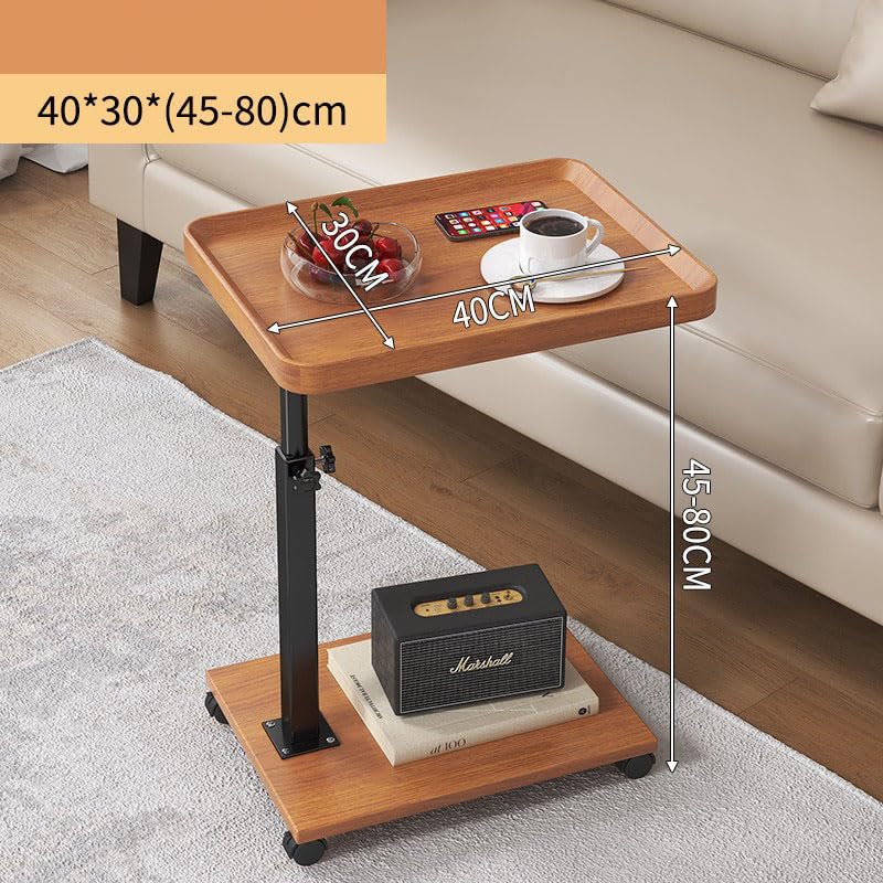 Gelory C-Shaped Side Table with 4 Wheels Adjustable Sofa End Tables, Wood