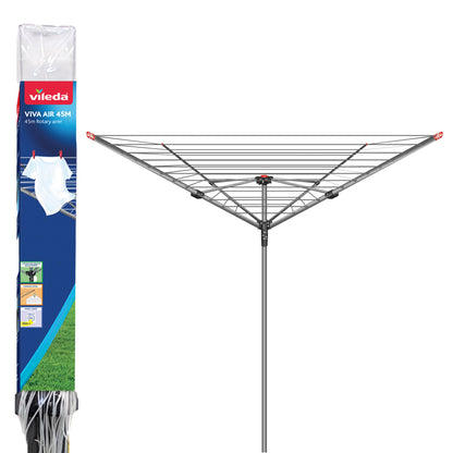 Vileda 4 Arm Rotary Dryer, Outdoor Clothes Airer with 45m washing Line, Silver