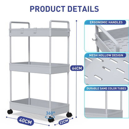 Ronlap Slim Storage Trolley, 3 Tier Rolling Cart Storage Organizer, Grey