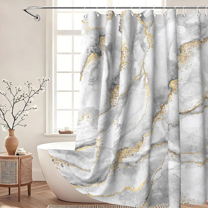 Xiaoterna Marble Shower Curtain 3D Grey Gold Bathroom Curtain Luxury Modern Abstract Grey Marble Golden Dots Water Repellant Machine Washable Shower
