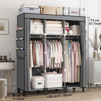 dongliangqinying Portable Fabric Wardrobe, 130x45x170cm Foldable Closet with 3 Hanging Areas and 18 Side Pockets