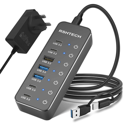 RSHTECH Powered USB Hub, 7-Port USB-C Hub Splitter with 3x 10Gbps USB 3.2 Data Port (2C+1A), 4x 5Gbps USB 3.0 Ports (2C+2A), Aluminum USBC Multiport