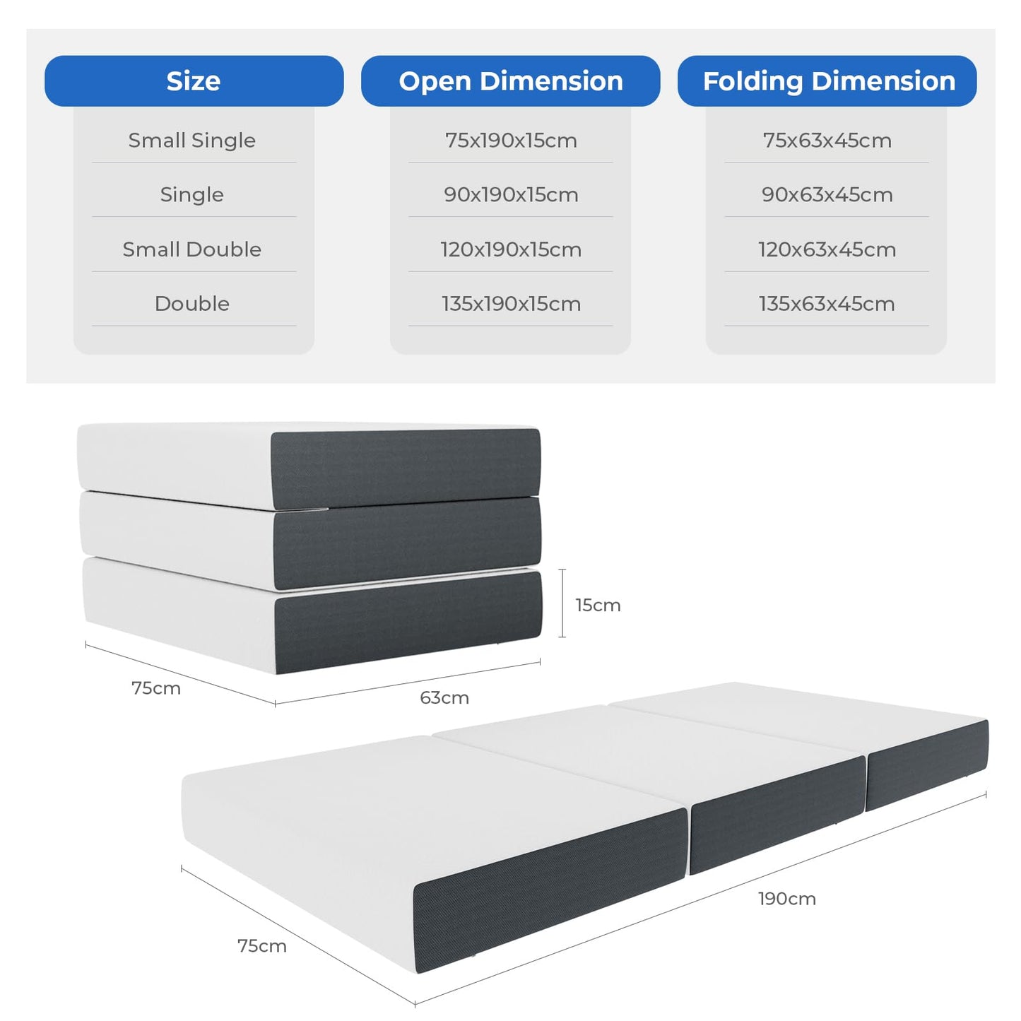 Vesgantti Foldable Mattress 15CM Small Double Folding Memory Foam Mattress