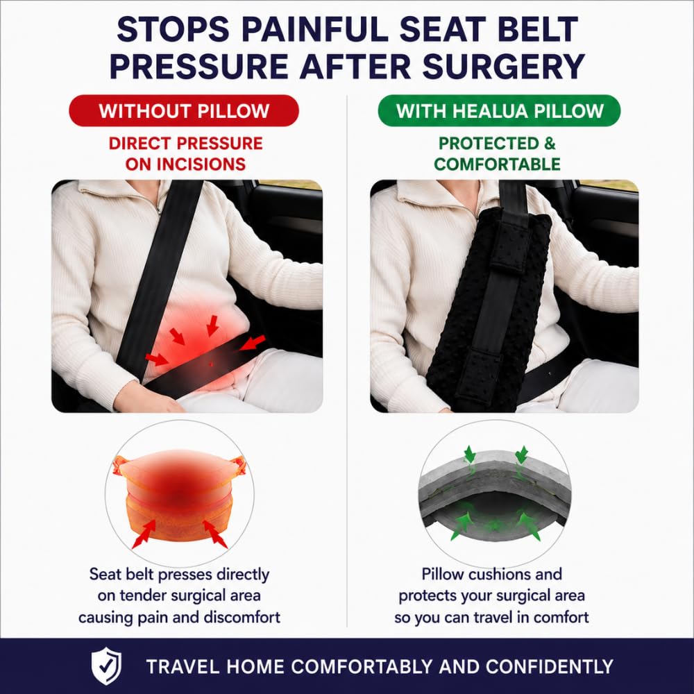 Seat Belt Pillow for Abdominal Surgery Recovery – Hysterectomy Pillow, C-Section Recovery Pillow, Tummy Tuck & Hernia Surgery Cushion