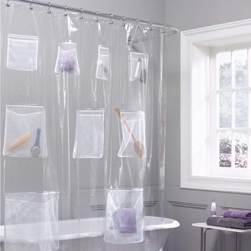 Plutreas Shower Curtain Liner with 9 Pockets, 72in x 72in (Clear)