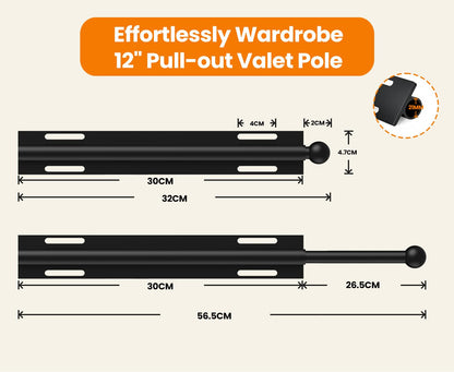 Widyana Telescopic Wardrobe Rail | Extendable Valet Rod for Clothes (12”) | Adjustable Pull-Out Hanging Rail for Suits & Next-Day Outfits, Black