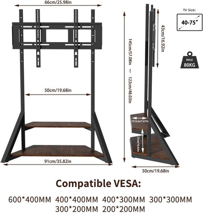 unho Floor TV Stand with Shelves, No Drill Mount for 40-75 Inch TVs