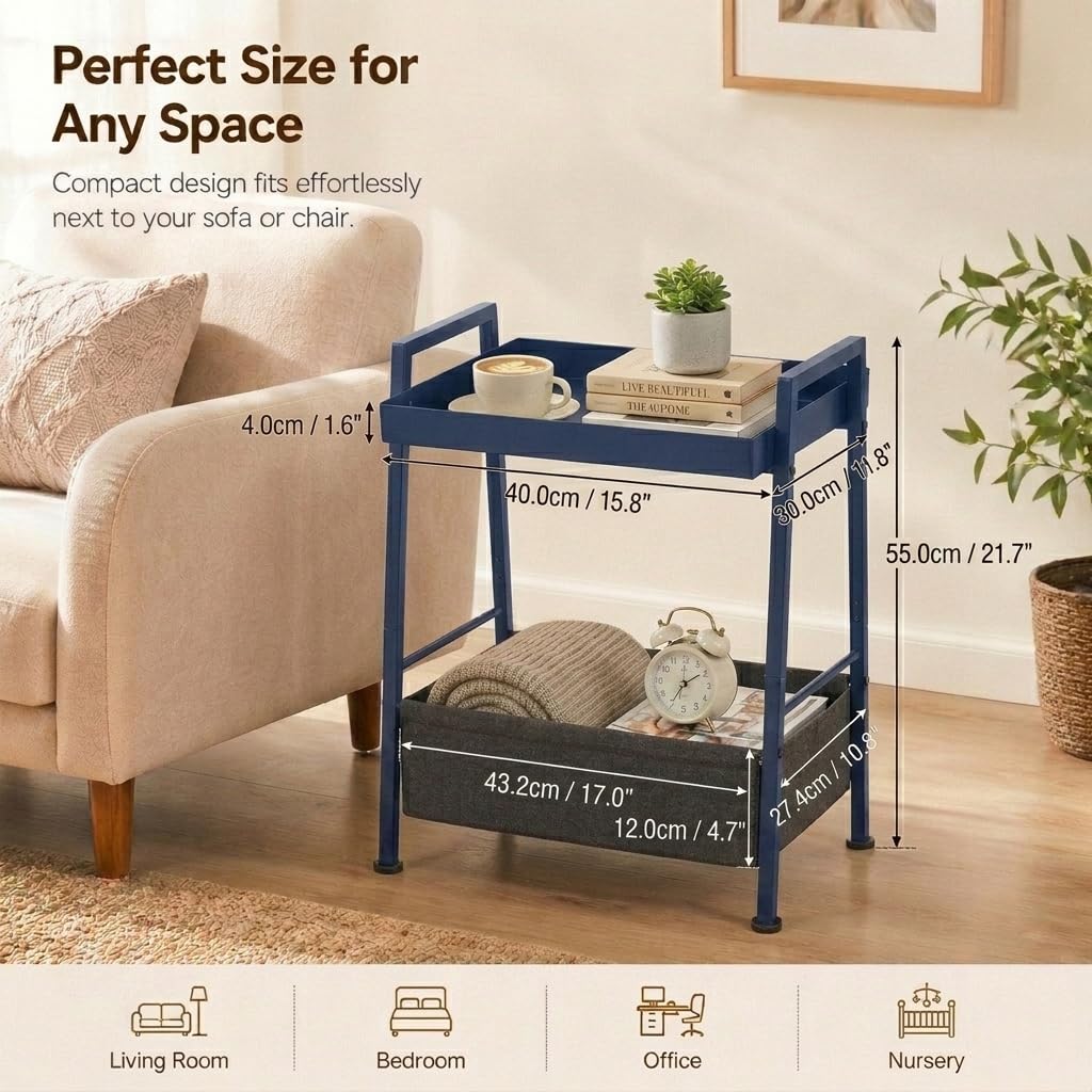 ZEXVIDA Small End Table with Fabric Storage Basket, 2-Tier Modern Metal Side Table with Tray Top, Unique Side Tables