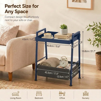 ZEXVIDA Small End Table with Fabric Storage Basket, 2-Tier Modern Metal Side Table with Tray Top, Unique Side Tables