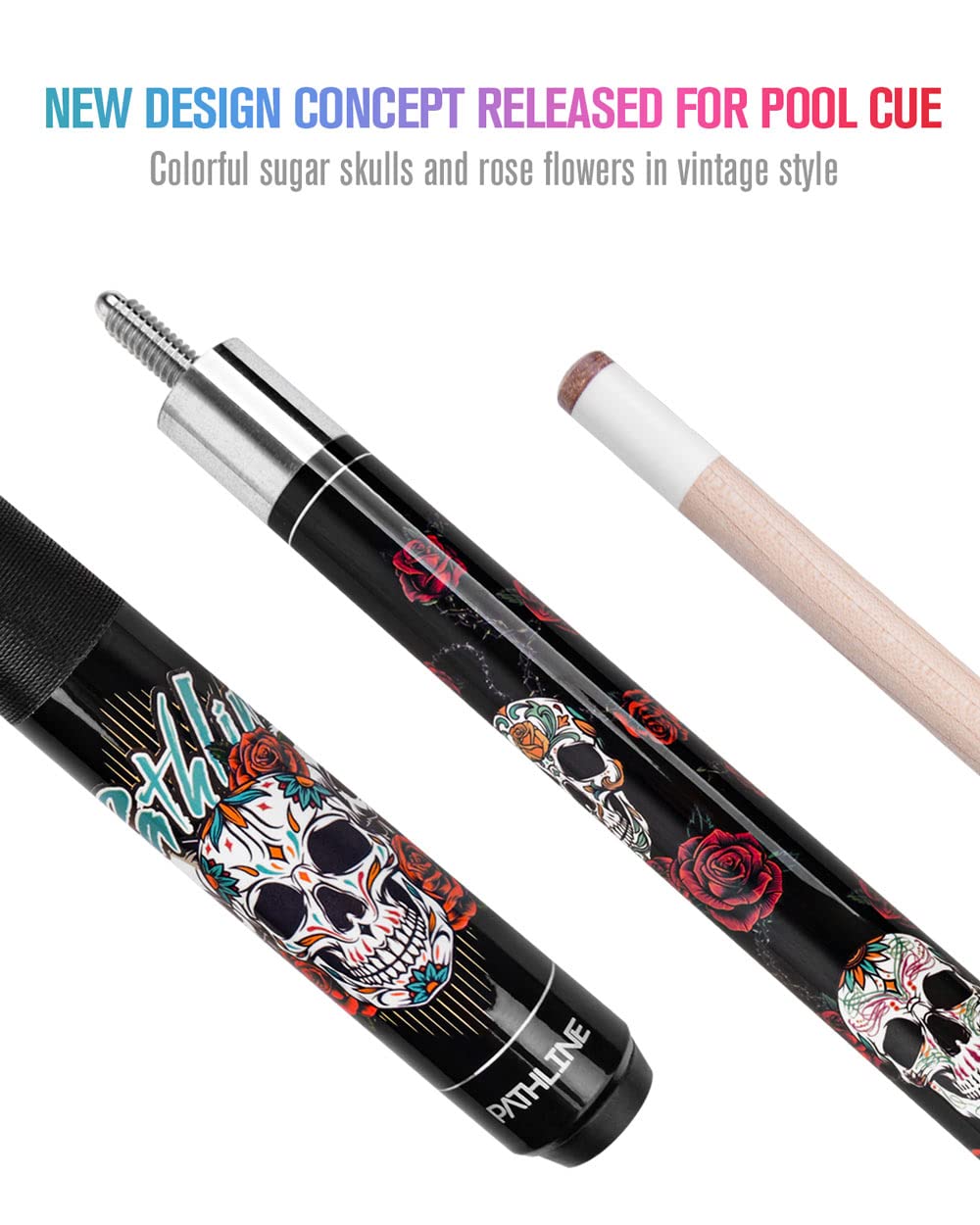 Pathline PL518 Pool Cue Stick - 58" Canadian Maple 13mm Tip Billiard Pool Stick(Black/Skull - 19oz)