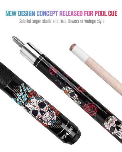 Pathline PL518 Pool Cue Stick - 58" Canadian Maple 13mm Tip Billiard Pool Stick(Black/Skull - 18oz)