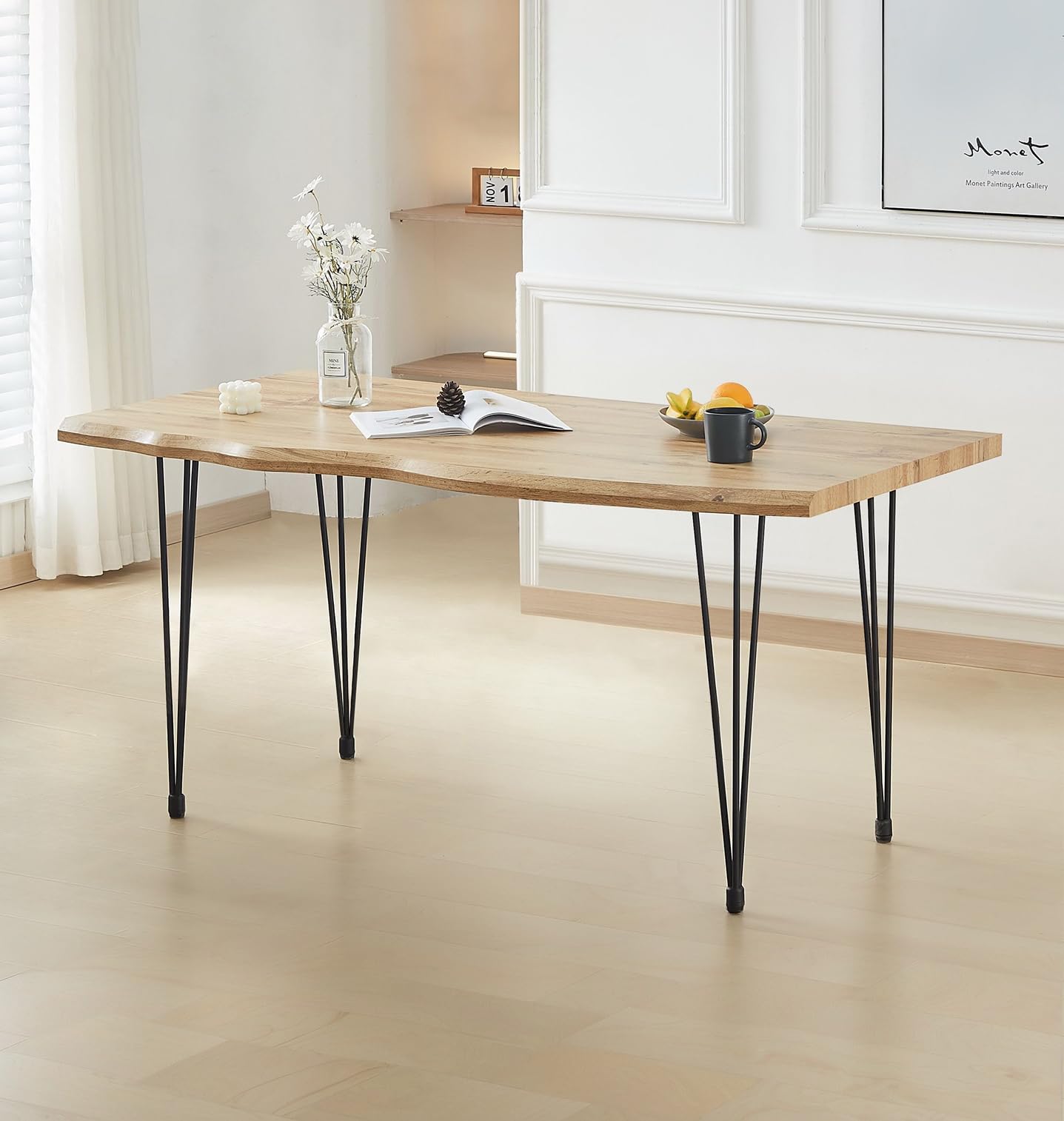 Hallowood Furniture Cullompton Large Dining Table with Black Metal Legs, 4-6 Seater Industrial Style Live Edge Effect Top Modern Dining Table for