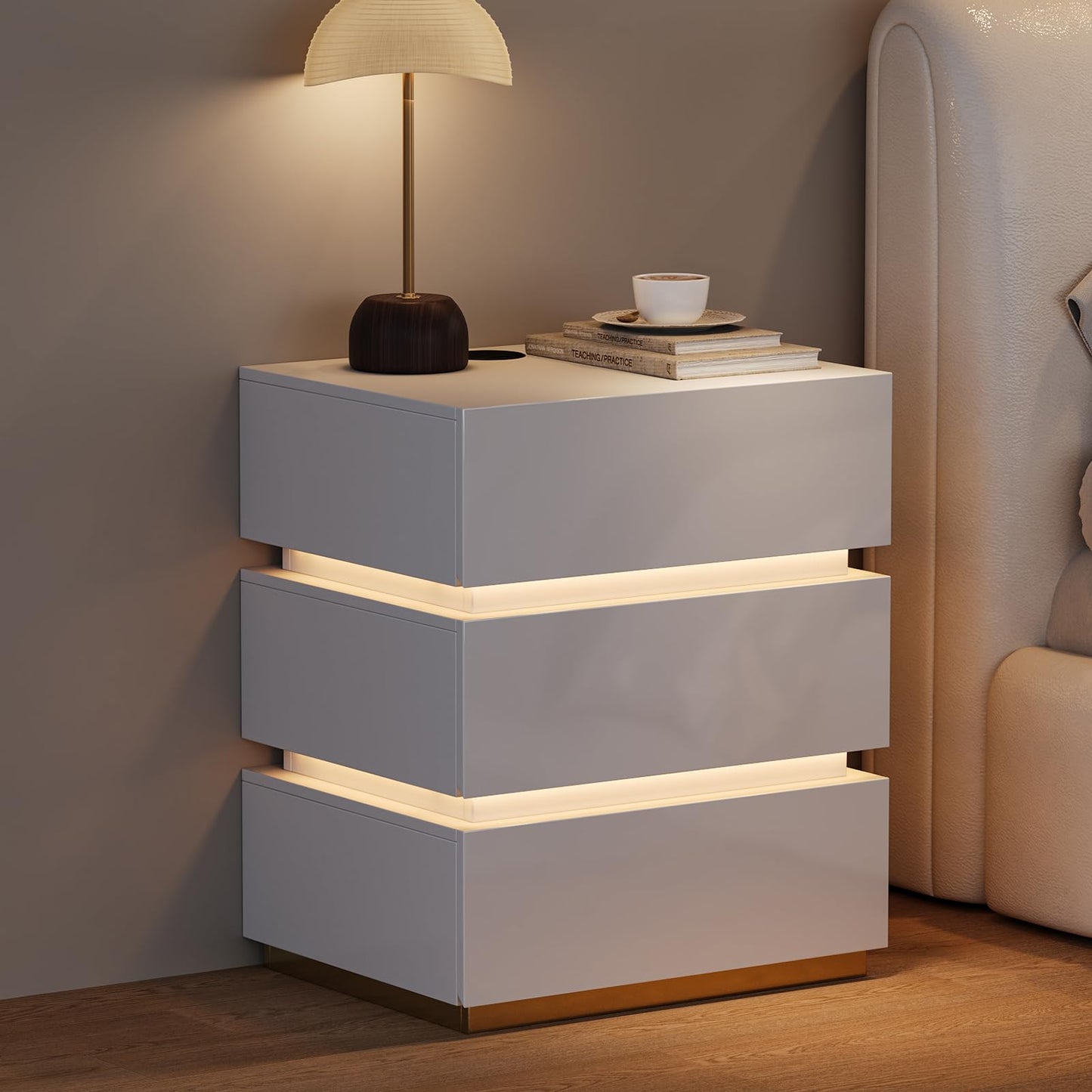 Homary Bedside Table Lumio 3-Drawer LED Smart White Nightstand, with Bedside Drawers, Built-In LED Light, USB/Type-C/Wireless Charging, Modern Cabinet