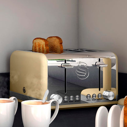 Swan ST19020CN Retro 4-Slice Toaster with Defost/Reheat/Cancle Functions, Cord Storage, 1600W, Retro Cream