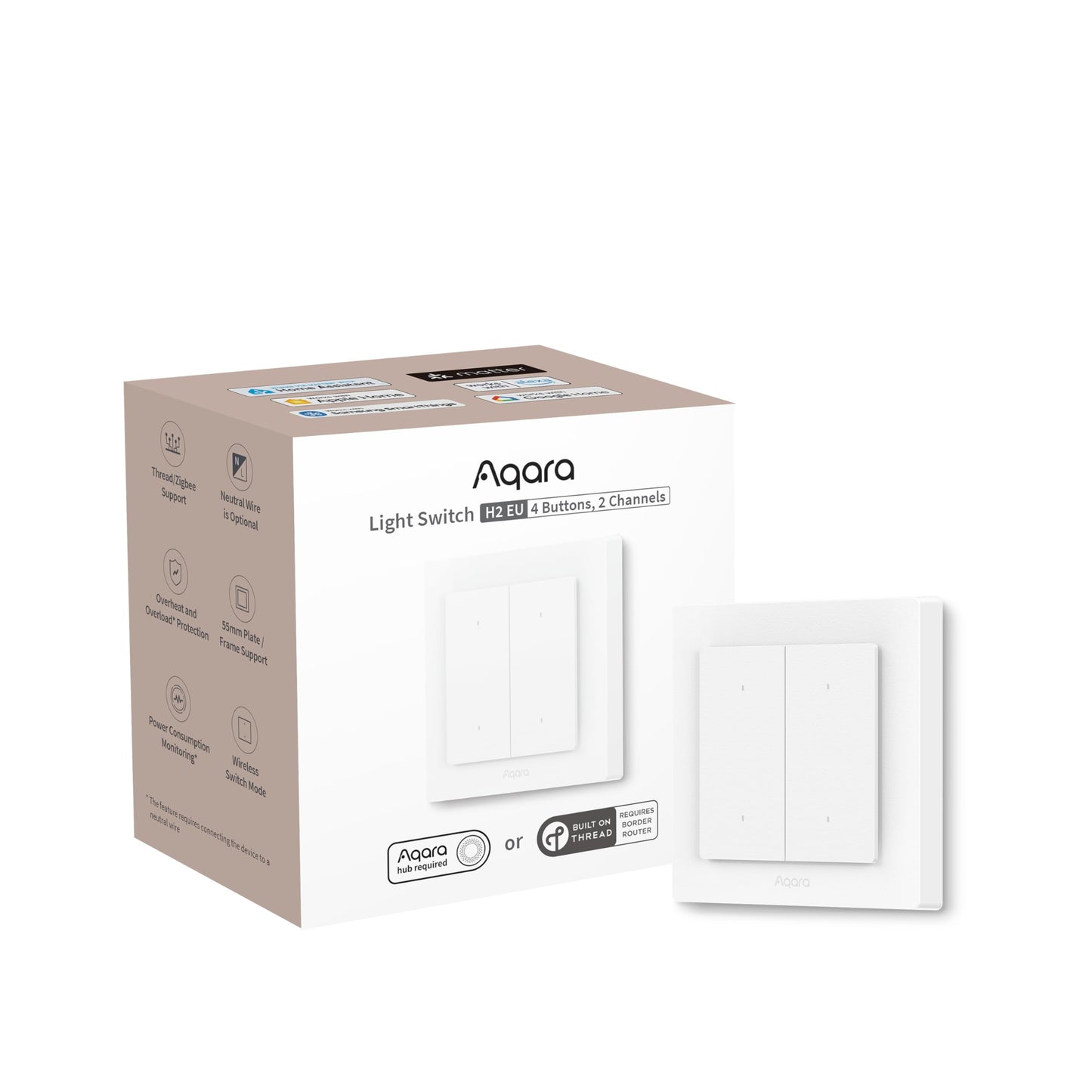 Aqara Smart Light Switch H2 EU (2-in-1 Neutral, 4 Gang 2 Channel), Thread/Zigbee Protocol, Wall Switch for Smart Home, Supports Apple Home, Alexa,