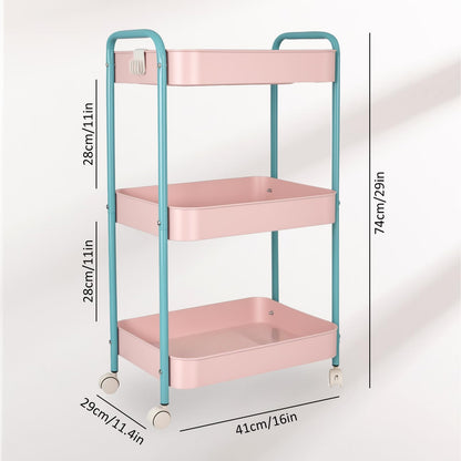 3 Tier Metal Storage Trolley on Wheels Kitchen Trolleys Utility Rolling Cart with Handle ,Mesh Storage Cart Bathroom Cart Veg Rack and Multi-Purpose