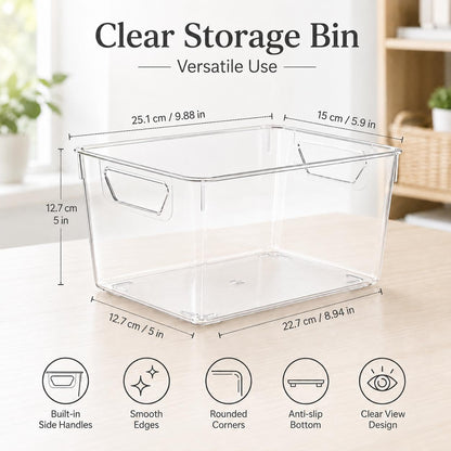 Sydroya 4 Pack Clear Plastic Storage Bins, Pantry Organiser Bins with Handle for Fridge, Kitchen, Cupboard Organization, Refrigerator, Countertop