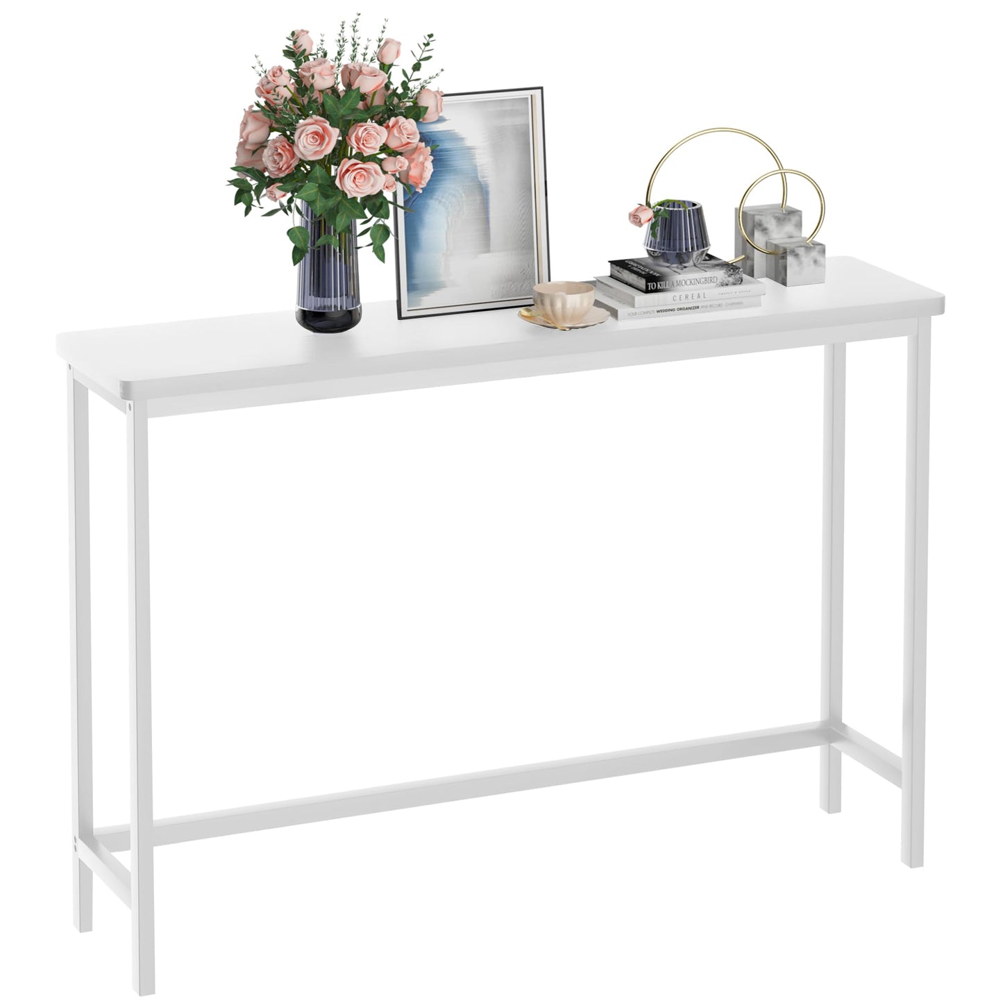 VASMIA Console Table, Slim Entryway Table, Narrow Sofa Table, 100cm Bamboo Hallway Table for Entryway, Living Room, Bedroom, Foyer, White