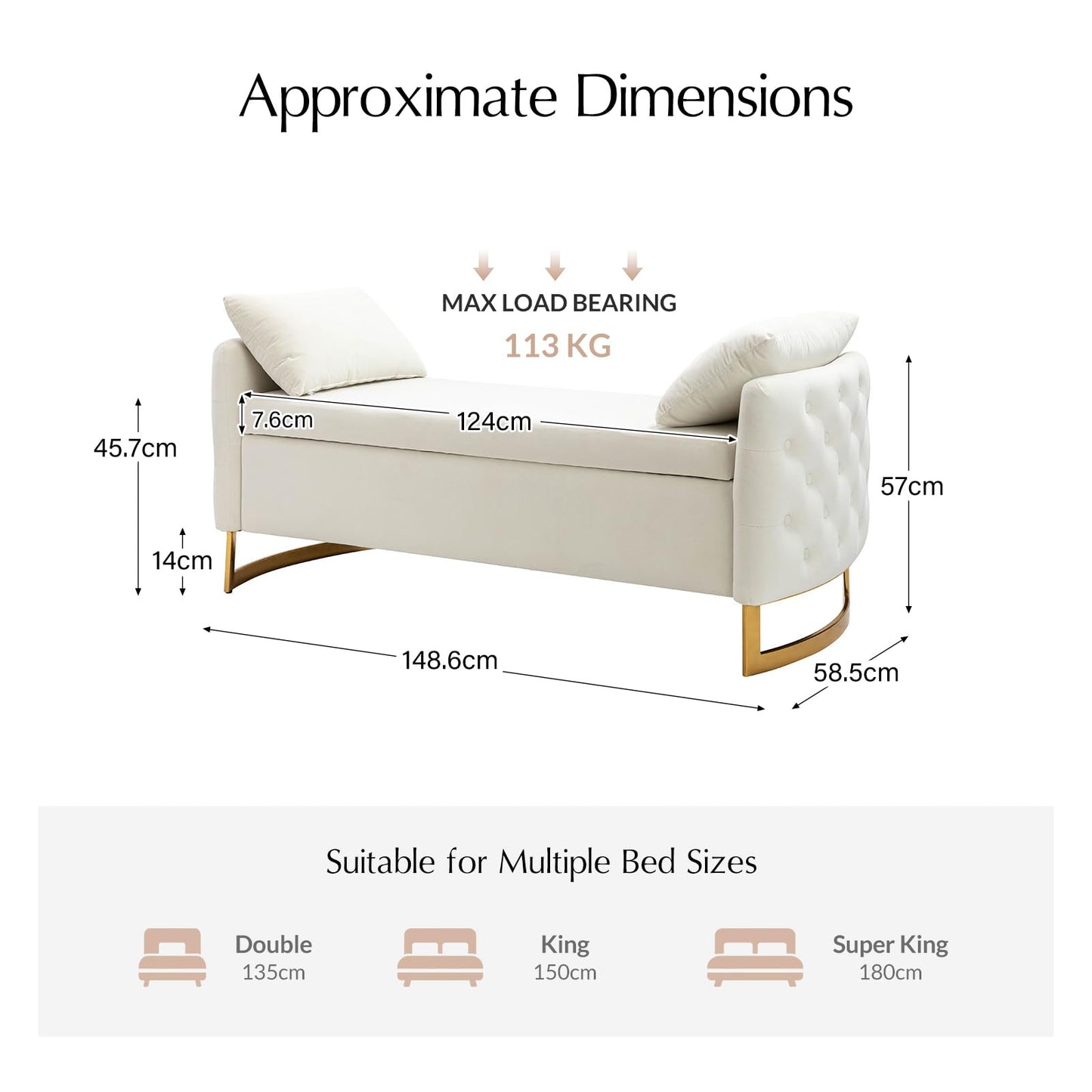 HULALA HOME Large Storage Bench with Metal Base for End of Bed, Ivory