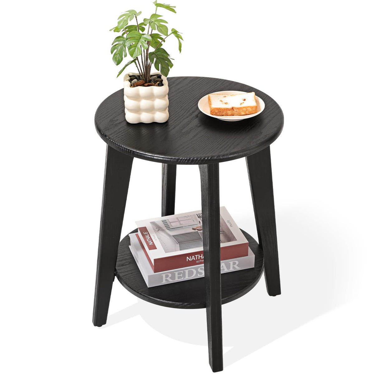 FEUFOAM 2-Tier Round Side End Table Black Beside Table Sofa Table Nightstand Modern Accent Table for Small Spaces Living Room Bedroom 40W x 52H cm