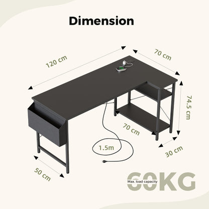 Mericonia Reversible Corner Desk, w. Power Outlets, 120x70cm, Black