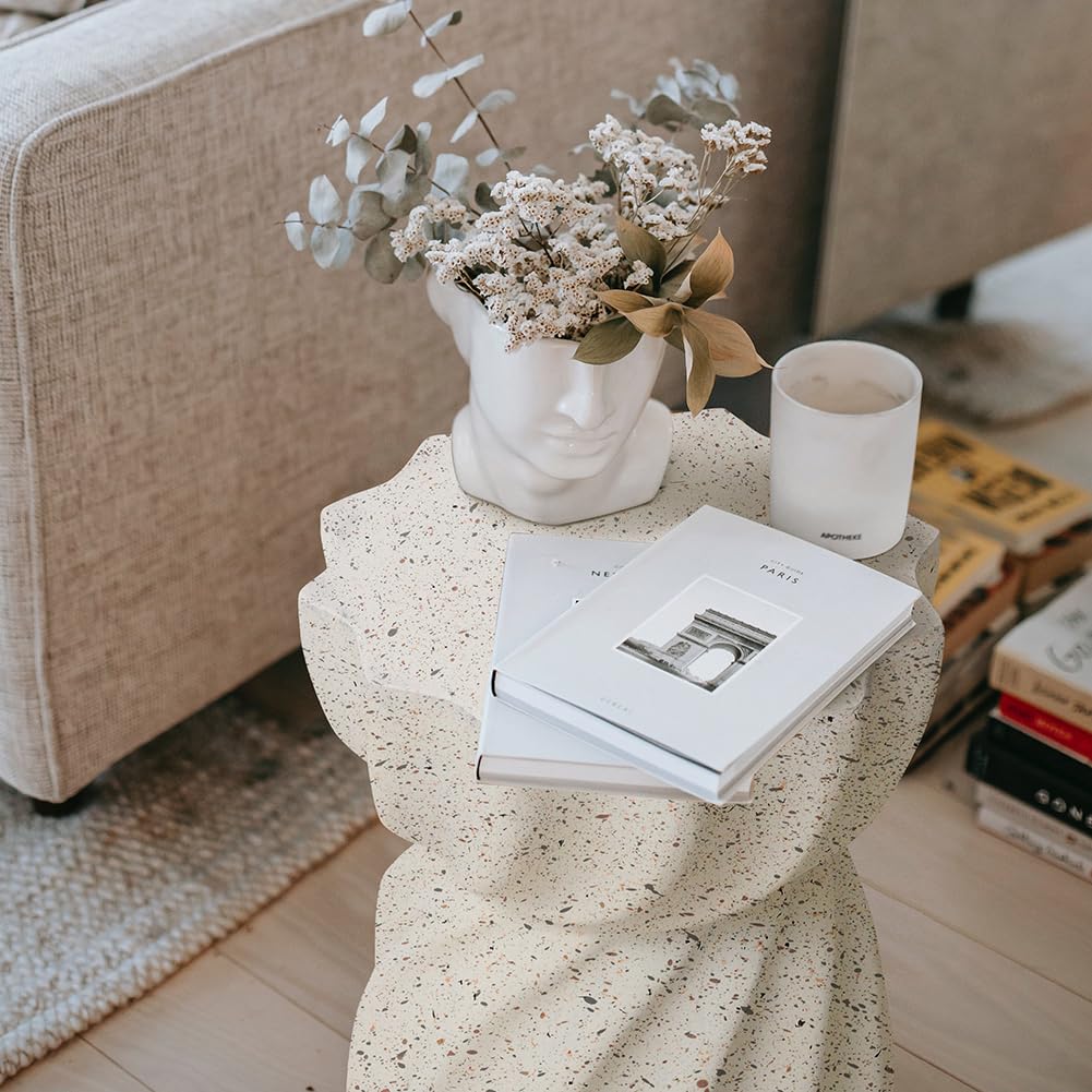 Cre Cra Modern Small Round Sofa Side Table White Magnesium Oxide End Table Contemporary Minimalist Design Perfect for Living Room, Bedroom or Office