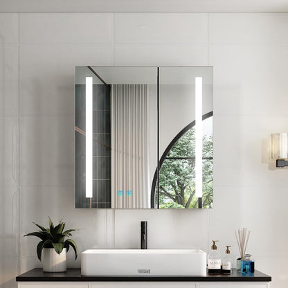 Quavikey® Black Bathroom Mirror Cabinet With Lights and Shaver Socket, Aluminum Wall Mounted Bathroom Cabinet with Mirror and Anti-fog