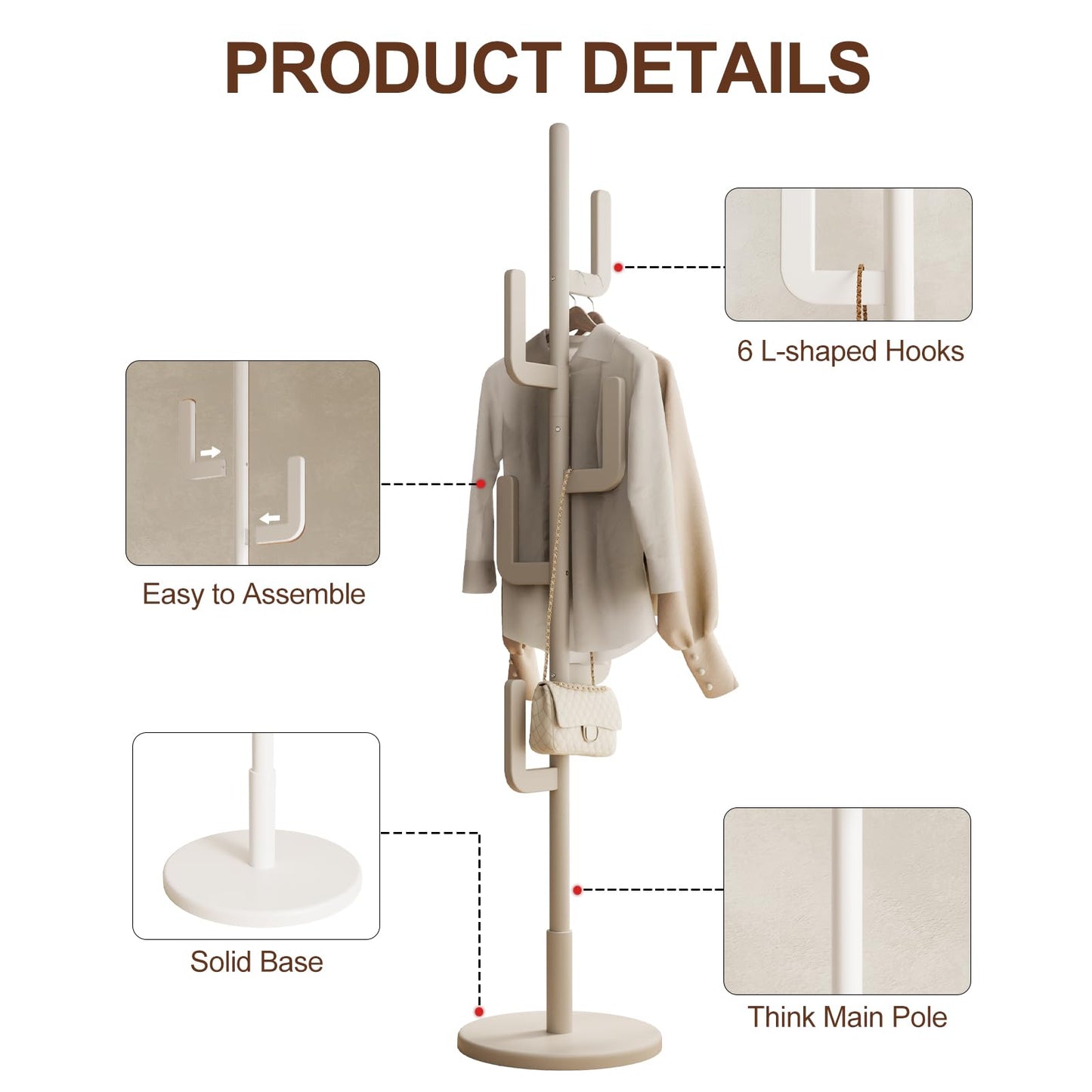 AQIMUELE Coat Stand, Woodem Coat Rack Stand - Cactus Design with 6 Hooks, Sturdy and Easy Assembly for Hallway Entryway, Hat Stand for Clothes (White)