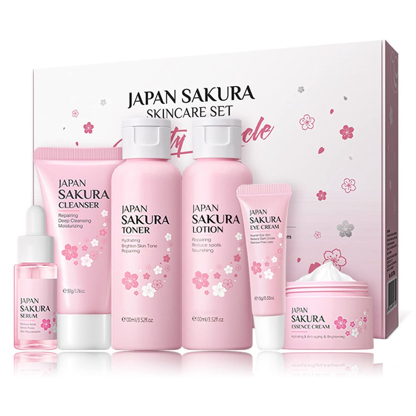 Skincare Gift Sets for Women - Sakura Skin Care Sets & kits - 6-Step Skincare Routine - Cleanser,Toner,Lotion,Serum,Eye Serum,Essence Serum - Gifts
