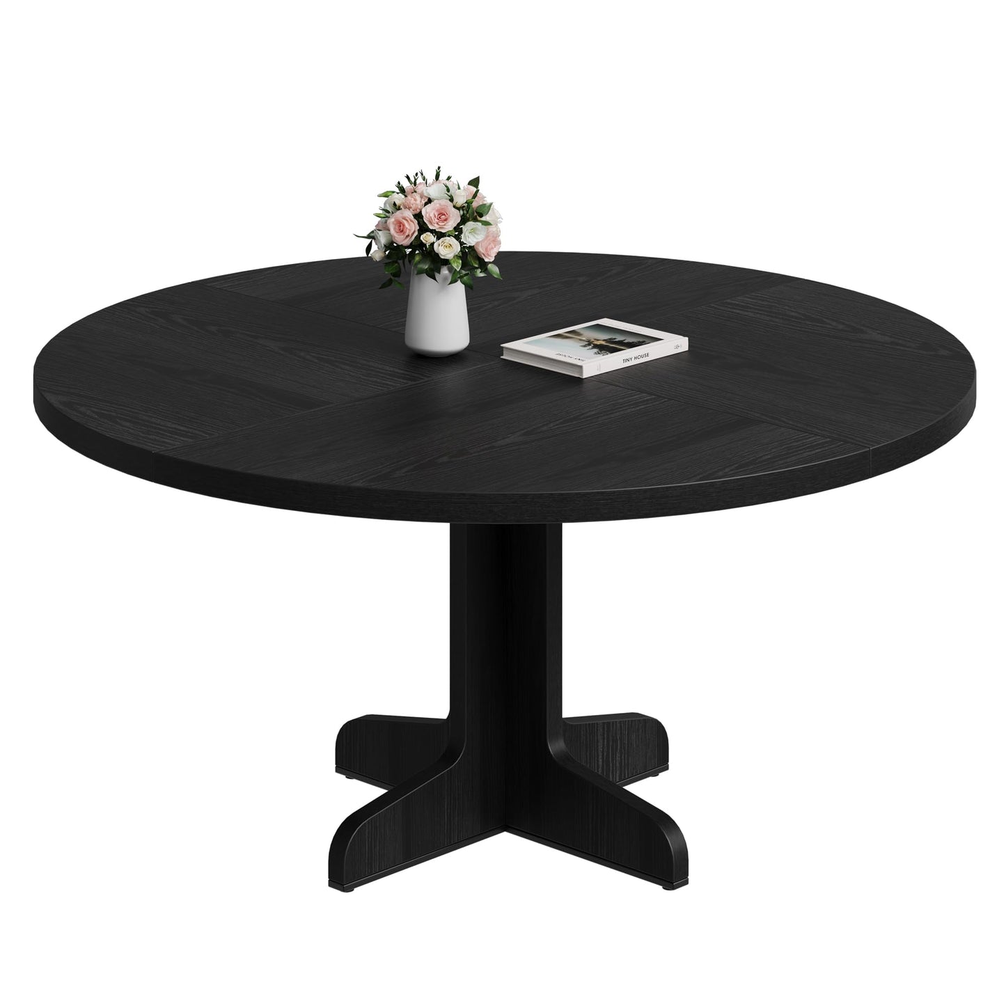 Crevyteg 47.2in Round Dining Table for 4-6 People, Farmhouse Kitchen Table with Wooden Tabletop and Legs