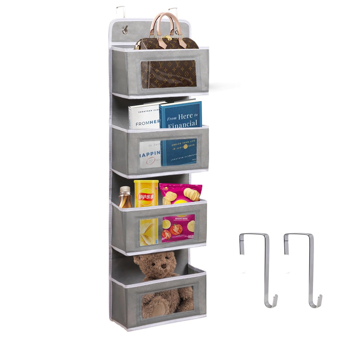 Dinhauyon Over door storage, 4pcs Hanging Organizer Box with Clear Window and 2 Metal Hooks, Foldable Wall Mount Storage for Bathroom Dorm Magazine