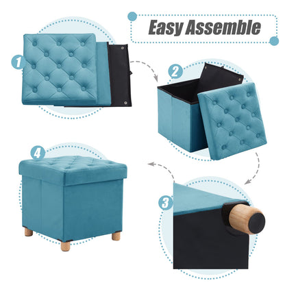 BRIAN & DANY Folding Storage Ottoman with Wood Legs, Velvet Footstools Cube for Living Room and Bedroom, 40x 40x 40 cm, Teal