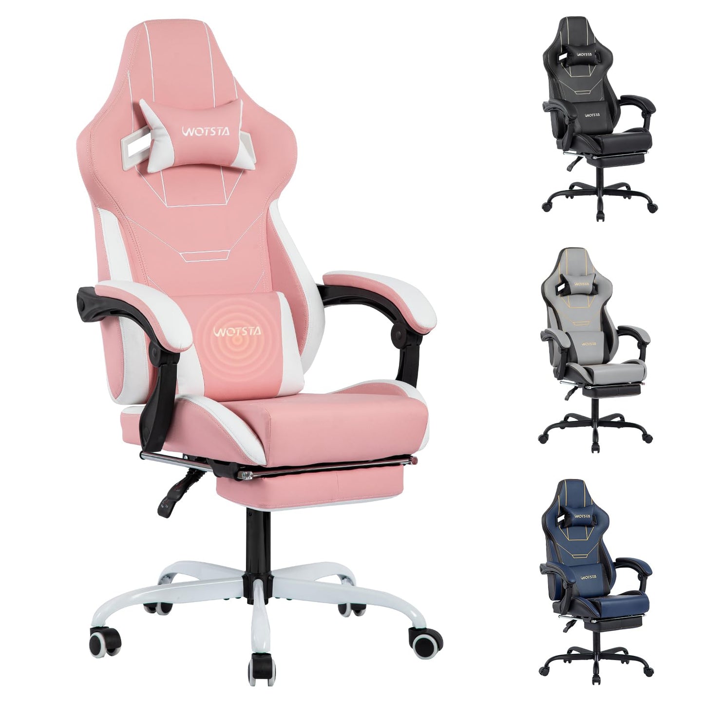 WOTSTA Gaming Chair, Ergonomic Gaming Chair, Computer Chairs with Headrest and Lumbar, Height Adjustable Rotating PC Chairs, Pink White