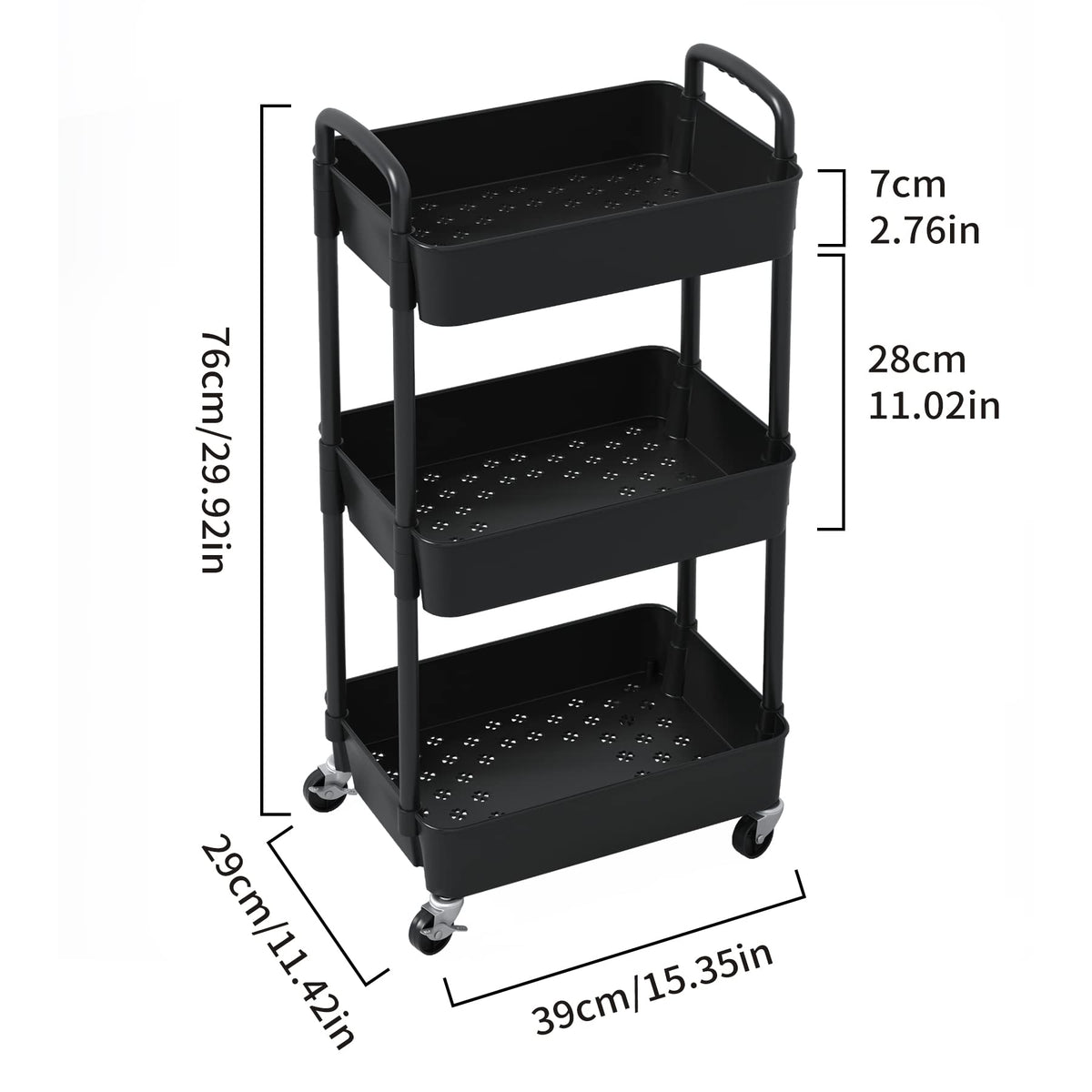 Sywhitta 3-tier Plastic Storage Trolley on Wheels, Kitchen Storage Utility Cart, Rolling Storage Rack for Bedroom, Bathroom, Office, Black