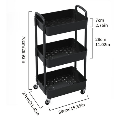 Sywhitta 3-tier Plastic Storage Trolley on Wheels, Kitchen Storage Utility Cart, Rolling Storage Rack for Bedroom, Bathroom, Office, Black