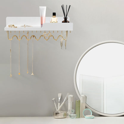 Lampaggio 29 Hooks Wall Mount Necklace Holder Organizer, White Decorative Wood Jewelry Shelf with Gold Metal Wave Bar and Guardrail for Necklace
