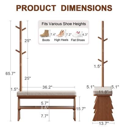 YQJJGL Solid Wood Coat Rack with Shoe Storage Bench, Walnut, 35x100x167cm