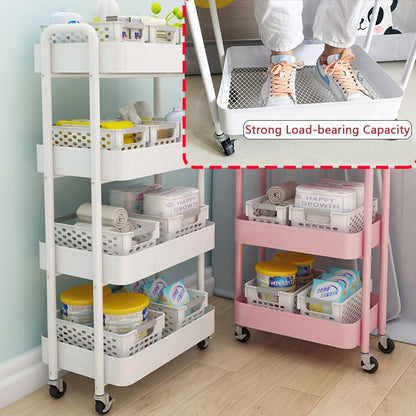 Heavy-Duty Iron Mesh 4-Tier Storage Rolling Cart Trolley Mobile Shelving Organiser with Swivel Wheels for Kitchen Bedroom Bathroom Laundry Office