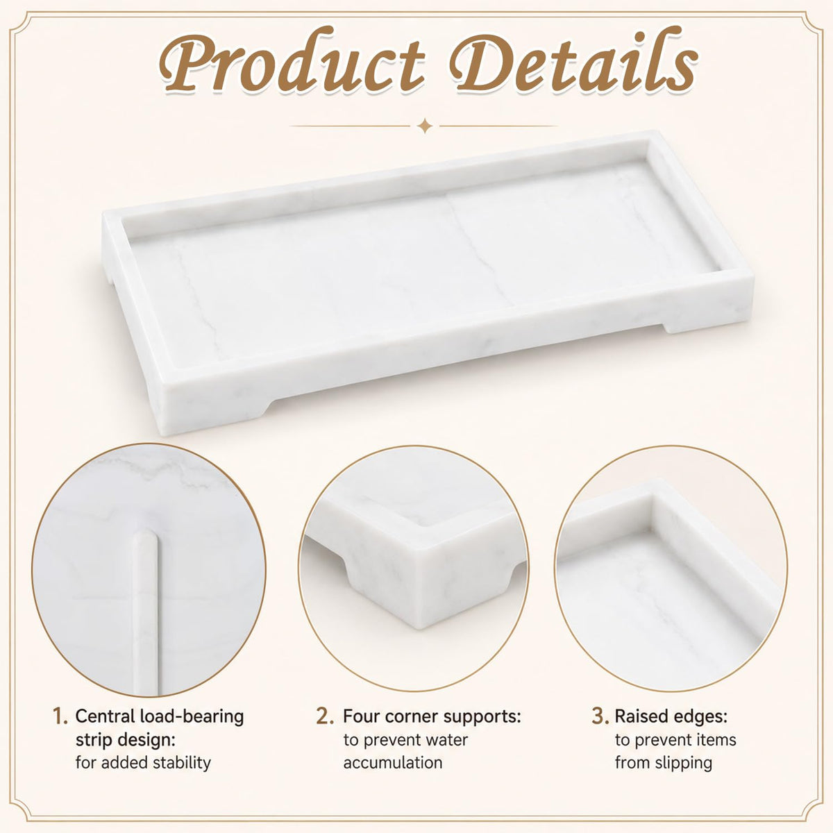 Marble Tray, Silicone Bathroom Tray, Rectangular Tray Organiser, Mold-proof, Space Saving Decorative Countertop Tays for Bathroom Vanity Kitchen