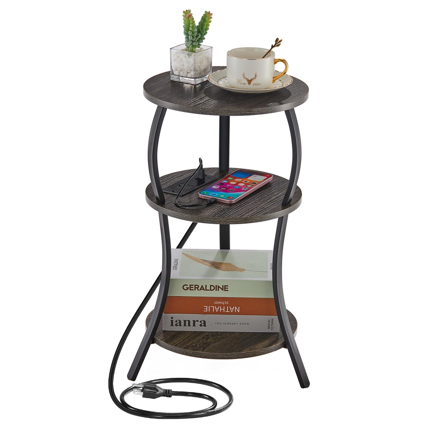 YEAKOO Bedside Table with Charging Station & 4 Sockets, Vintage Round 3-Tier End Table with USB Ports & UK Plugs