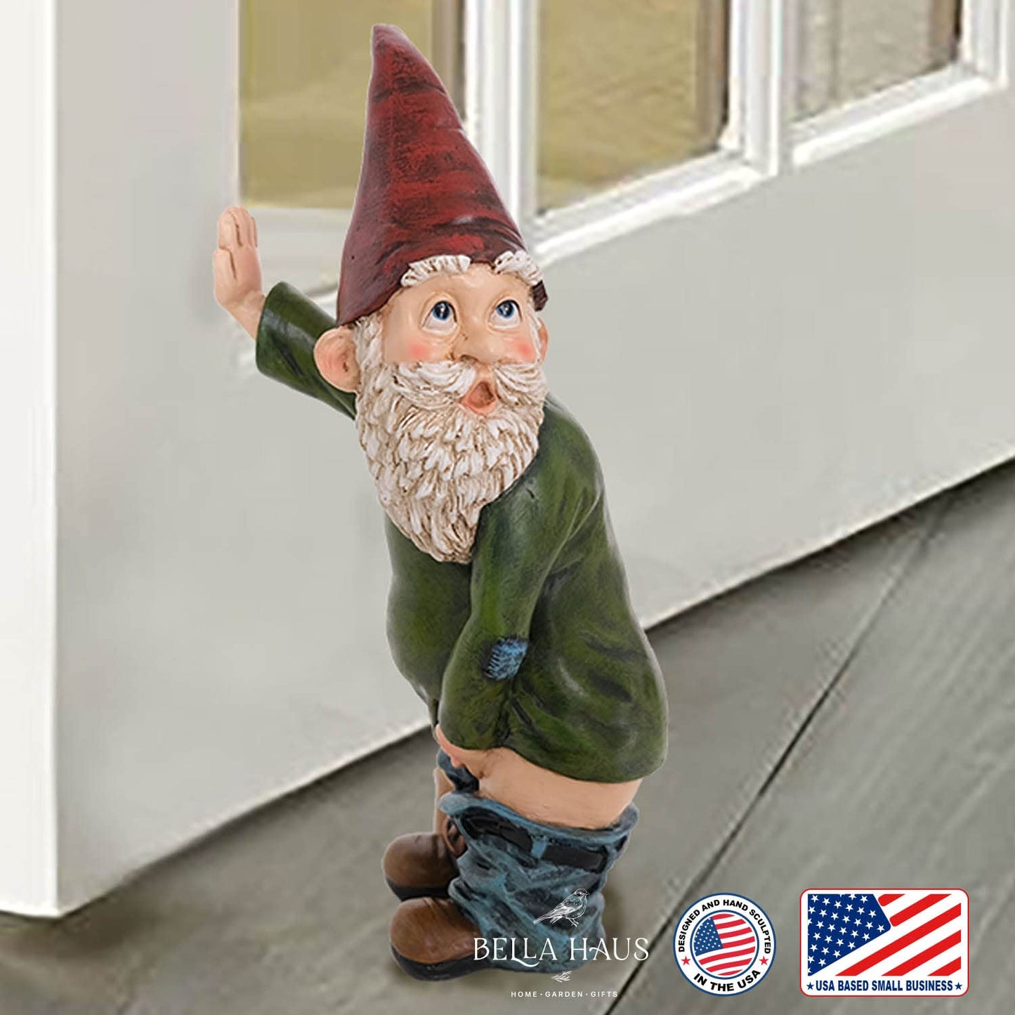 BELLA HAUS DESIGN Willy The Peeing Garden Gnome - 10.3" Tall Polyresin - Red, Green & Brown Funny Gnome Statue for Lawn Ornaments, Indoor or Outdoor