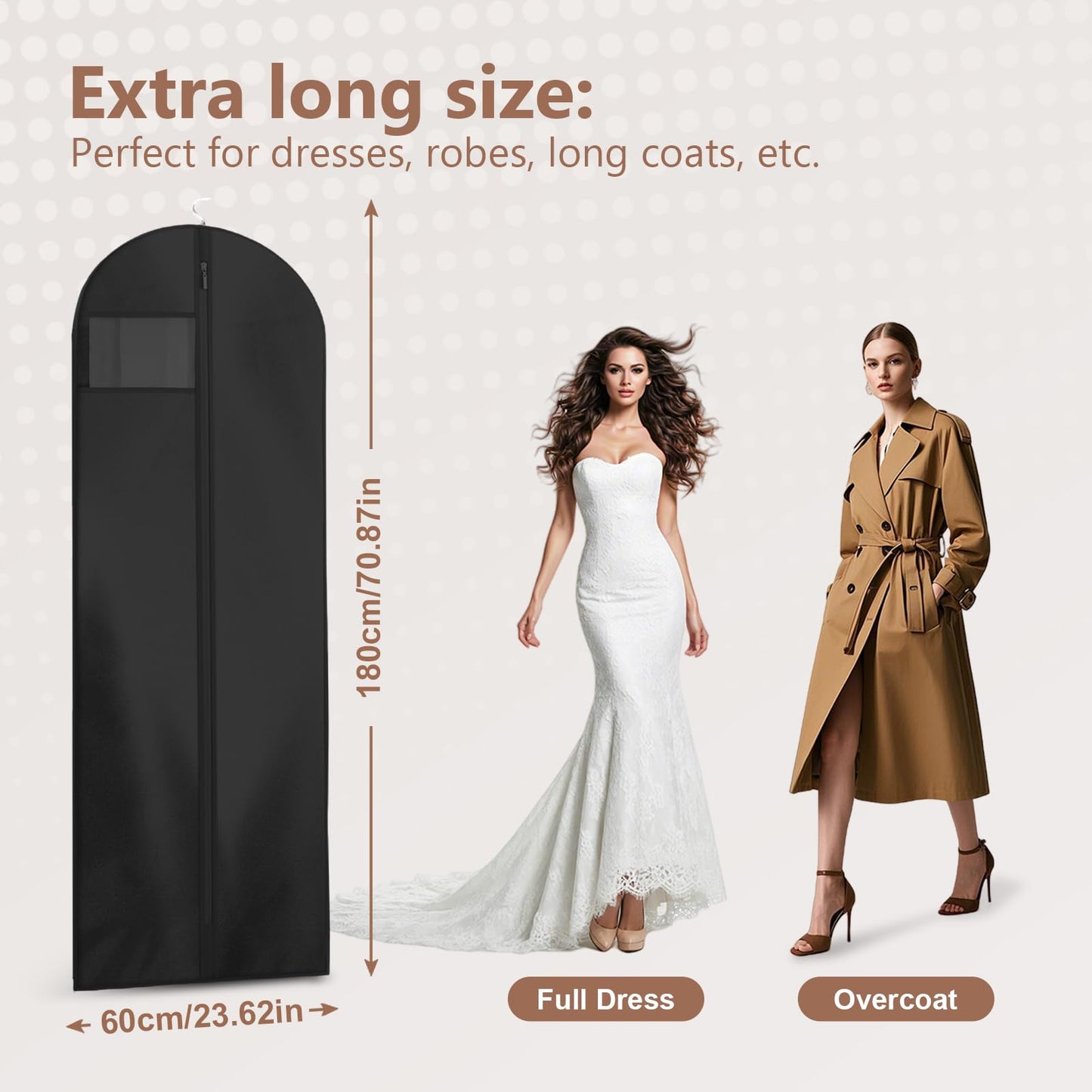 AMFUN 3 PCS Dress Bag,Full Length Travel Suit Bag with Zipper, Dust-proof Clothes Covers Protector Bags,Gown Garment Bag for Long Dresses, 180×60 cm