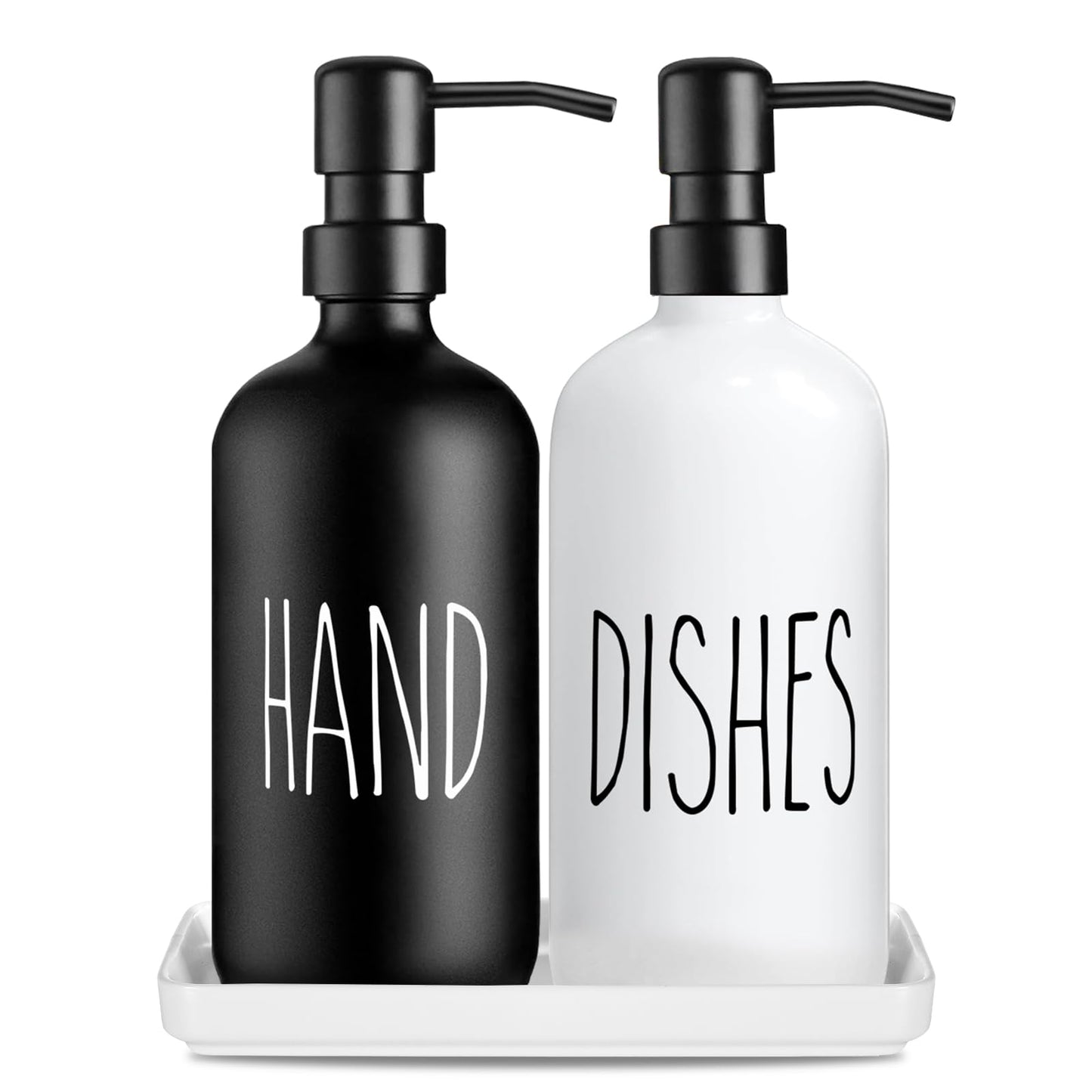 Glass Soap Dispenser Set: Modern Kitchen Sink Soap Dispenser Set of 2 with Ceramic Tray 500ML/17oz Bathroom Hand Wash Bottles,for Liquid Hand Soap