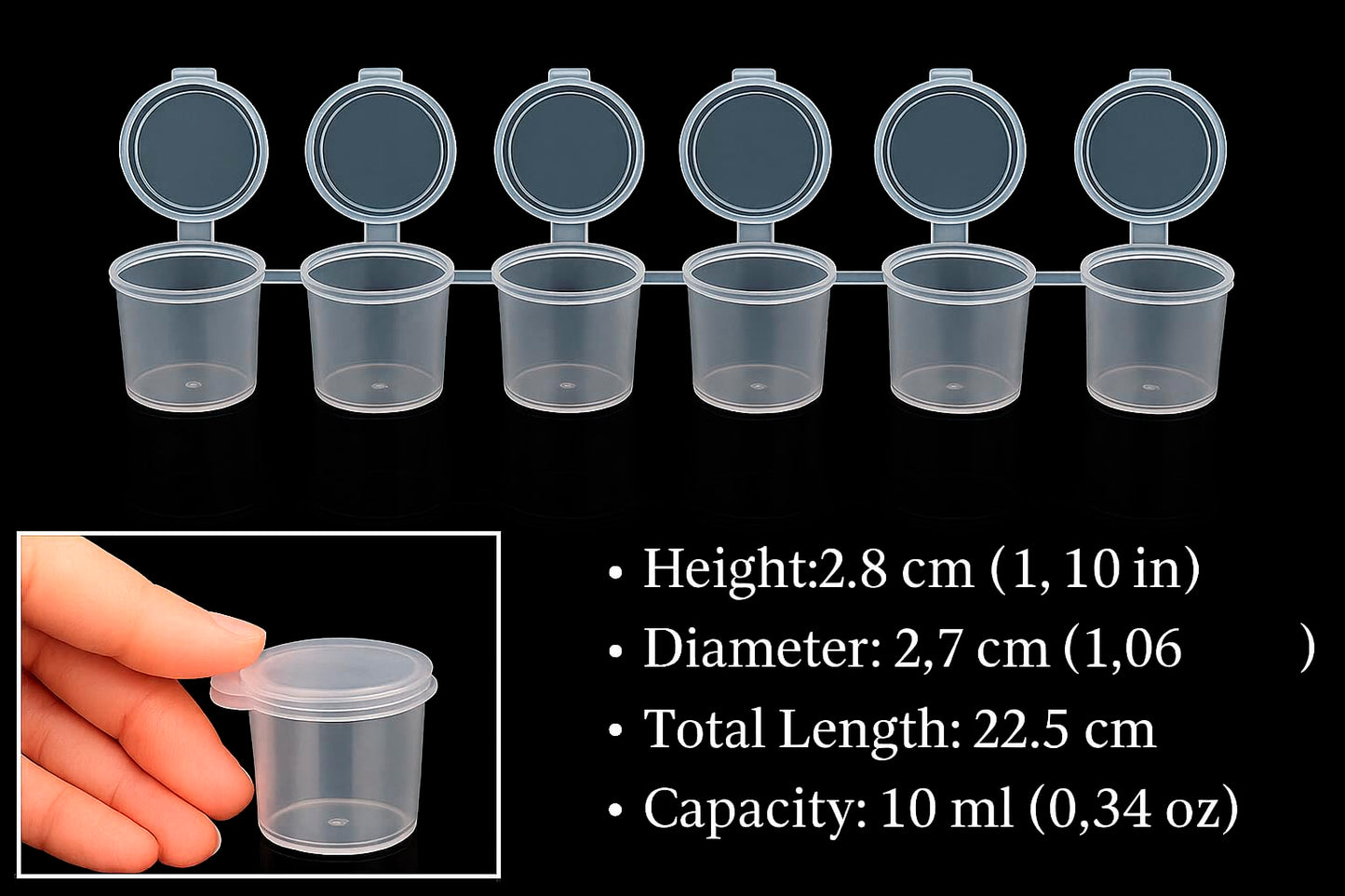 Transparent Plastic Containers 10 ml with Lids – Pack of 60 (10 Strips of 6) – Reusable Pots for Paint, Crafts, Makeup, Samples, Storage, Organizers