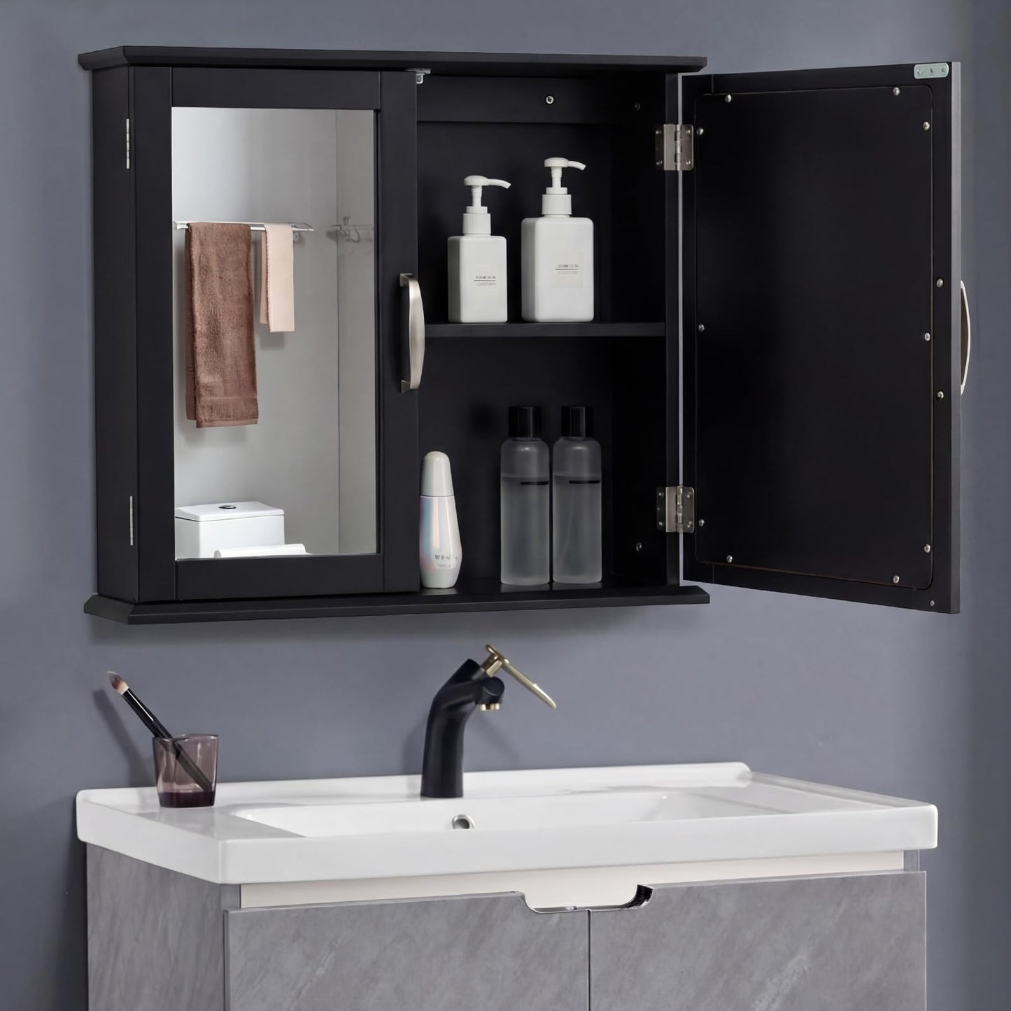RELAX4LIFE Bathroom Wall Cabinet, Double Door Mirrored Storage Cupboard with Inner Shelf