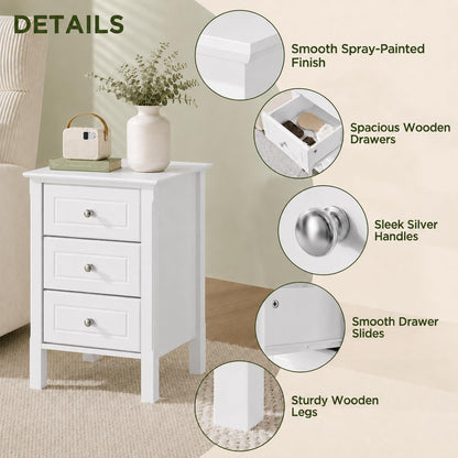Yaheetech Bedside Table with 3 Drawers, White