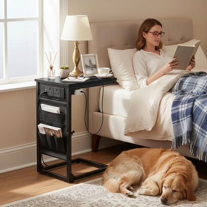 AMHANCIBLE C-Shaped Side Table with Charging Station, Side Table Set of 2
