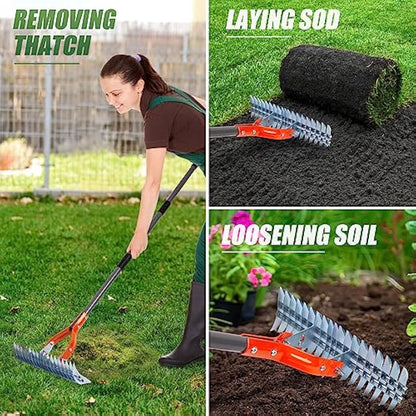 Walensee Thatch Rake, 15-Inch Lawn Thatching Rake, Robust Dethatcher Rake, Efficient Steel Metal Rake with Handle, Versatile Grass Grooming Rake for Cleaning Dead Grass, Yard Garden Durable Soil Rake