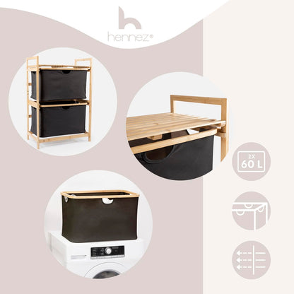 HENNEZ Bathroom Shelf, 2 Compartments, Bamboo Shelf with Shelf and 2 Baskets, Bathroom Shelf with Drawer Boxes, Standing Shelf