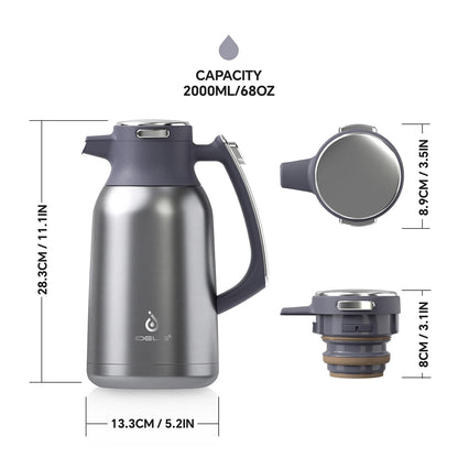 IDEUS Vacuum Insulated Coffee Carafe, 68 oz (2 Liters) Stainless Steel Milk Jug Thermal Tea Pot Hot & Cold Water Beverage Dispenser (Silver)